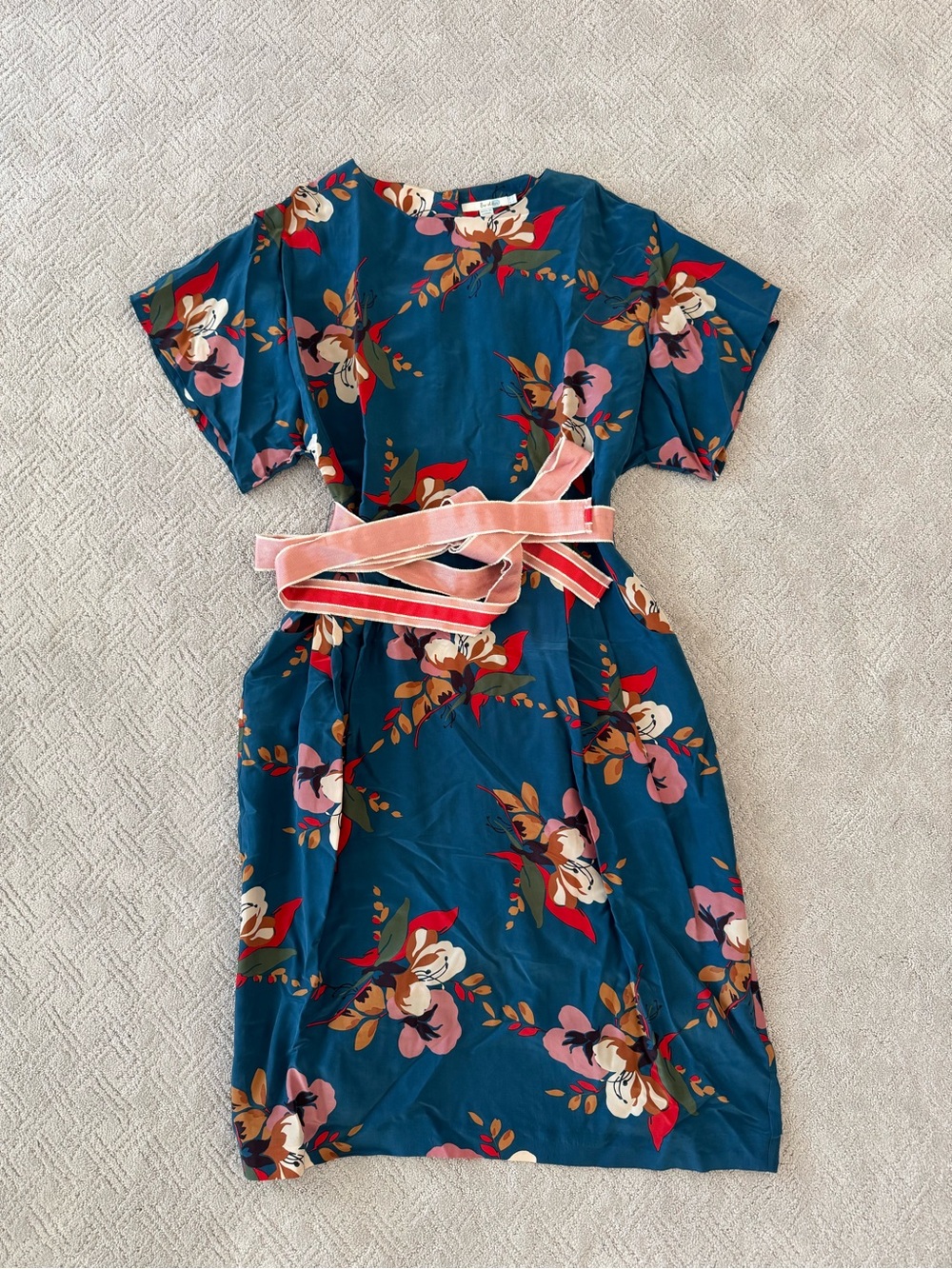 Boden Teal Floral Stripe-Belt Midi Dress - Picture 2 of 4